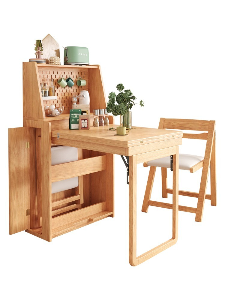 [Pre-order]  Japanese solid wood dining table, foldable household small unit, hole board, natural wood wind telescopic dining table, dining edge cabinet, integrated storage-Smart-Living