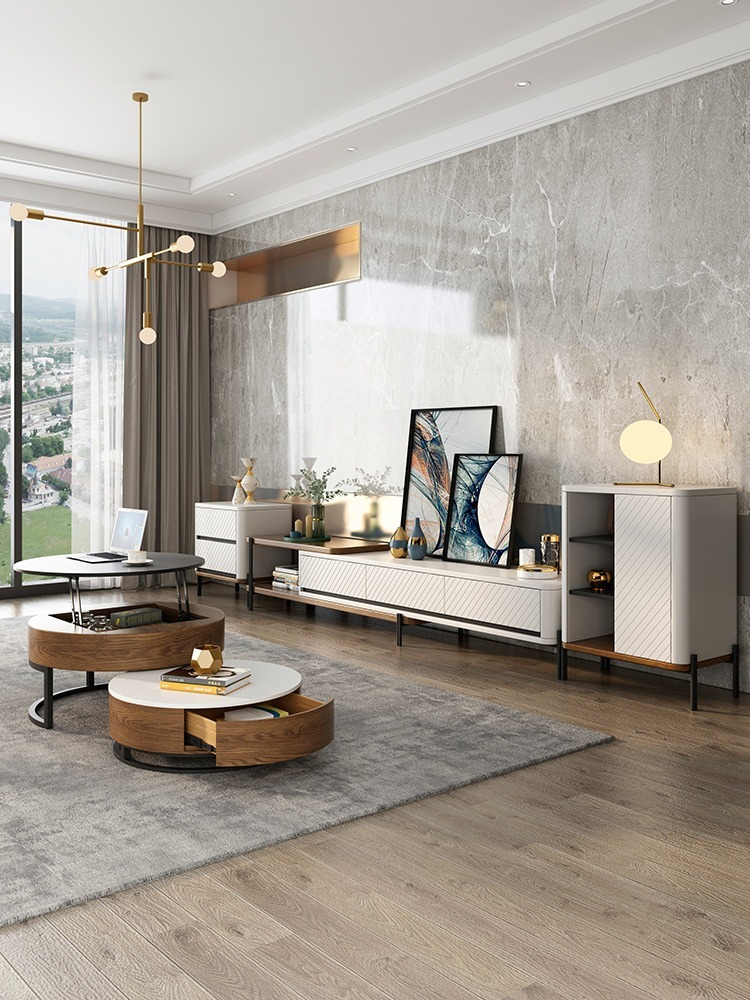 Nordic Elevated Tea Table TV Cabinet Combination Modern Simple, Light Luxury, Minimalist Circular Tea Table, Small Family Living Room Furniture-Smart-Living