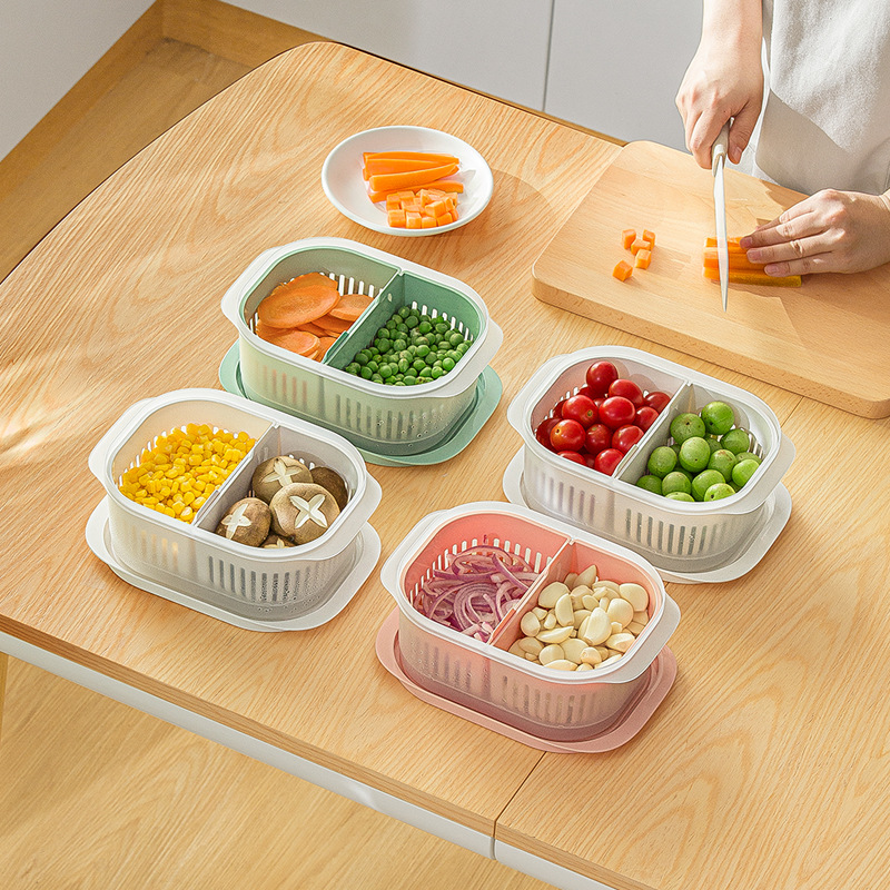 Smart-living kitchen drainable twin compartment fresh keeping food storage box organizer with lid strainer -A0480-L -NC-Smart-Living