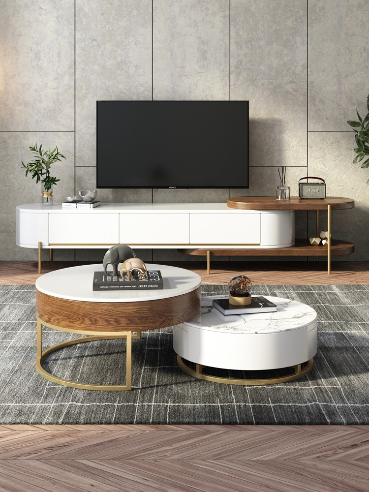 Light Luxury Elevated Tea Table TV Cabinet Combination Nordic Modern Simple Rock Plate Round Tea Table Small Family Living Room Furniture-Smart-Living