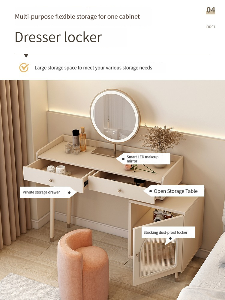 [Pre-order]  Cream-style Solid Wood Dressing Table Modern Simple Bedroom Bedside Table Dresser with Storage Cabinet and Drawer, Small Apartment Integration.-Smart-Living
