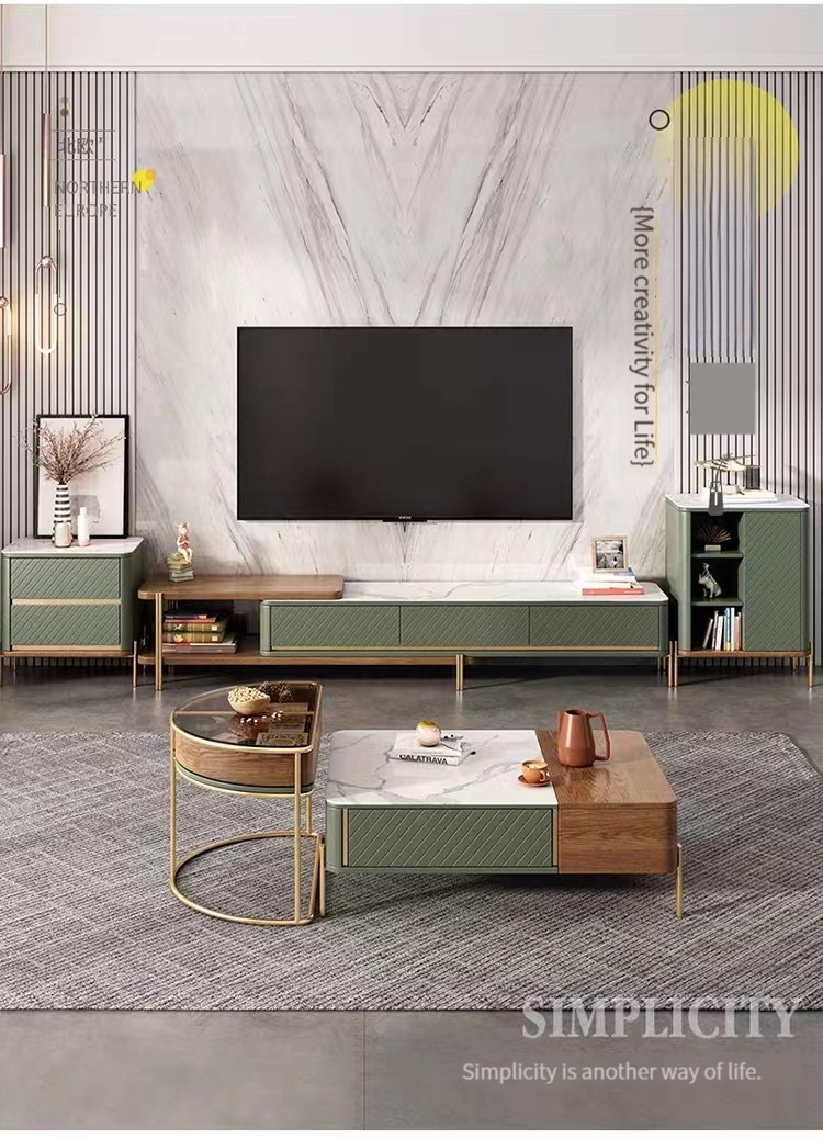 [Pre-order] Nordic Light Luxury Rock Plate Tea Table TV Cabinet Combination Modern and Simple Home Living Room Multifunctional Drawers Square Tea Table-Smart-Living