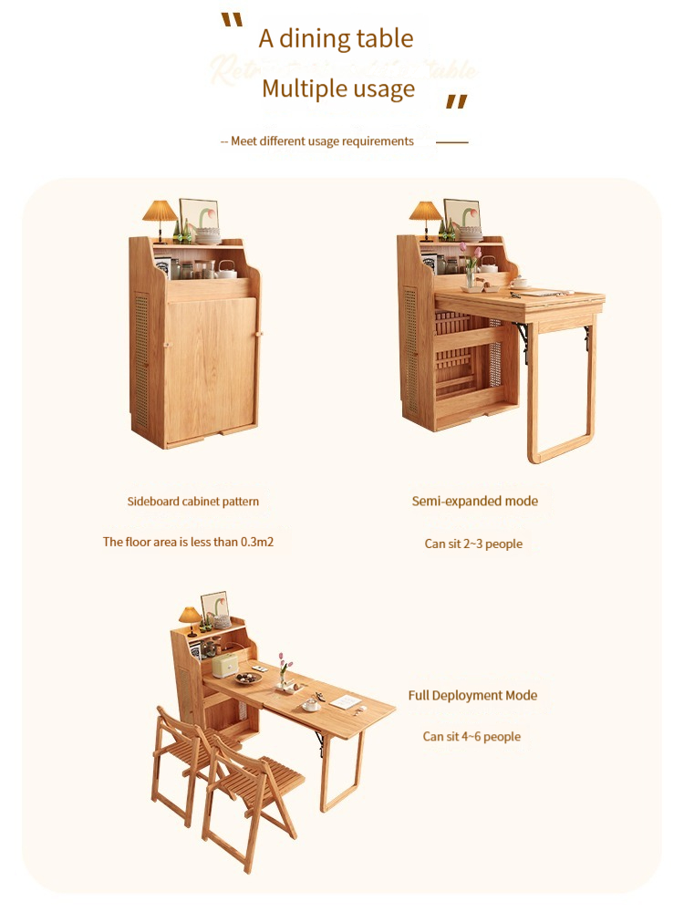 [Pre-order]  Solid wood folding dining table, household small unit telescopic dining table, invisible storage, sideboard cabinet, modern simple and deformed table-Smart-Living