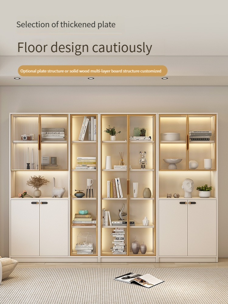 Living room home bookshelf integrated whole wall to top dustproof glass door bookshelf light luxury high-grade floor-standing wall display cabinet-Smart-Living