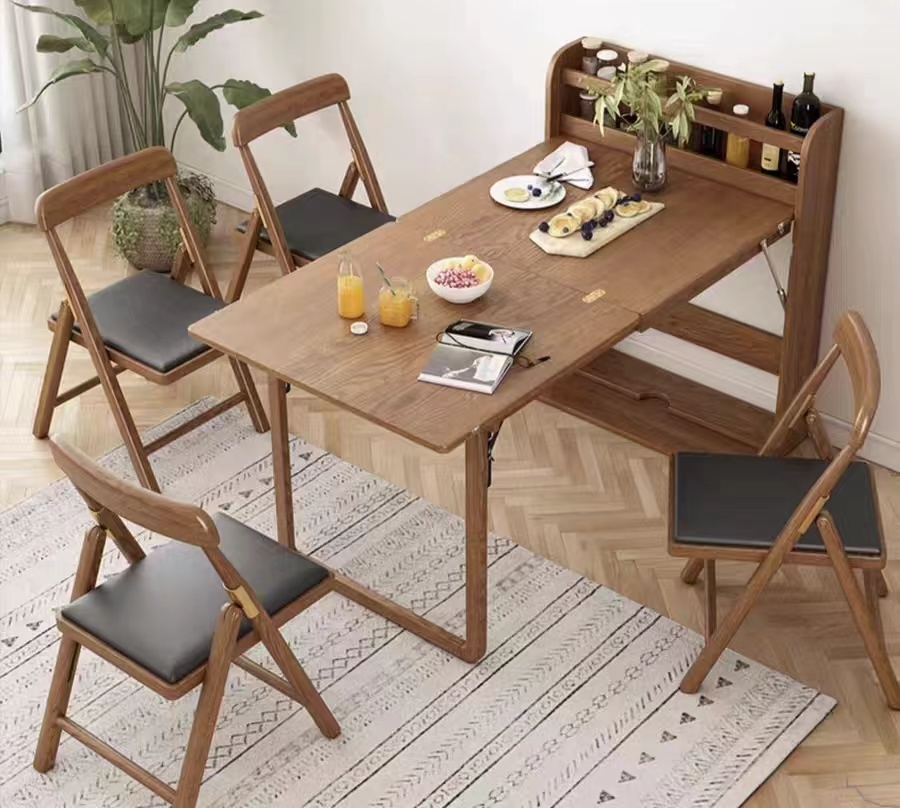 [Pre-order]  Nordic Foldable Dining Table and Chairs combination (Walnut/ Natural Wood) with Rack