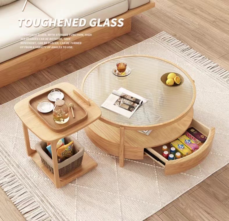 [Pre-order]  Japanese style log style tea table small unit living room light luxury solid wood double layer rainbow glass circular tea table edge table combination-Smart-Living