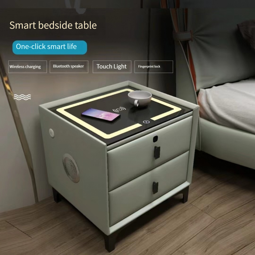 Intelligent bedside table wireless charging, modern minimalist leather intelligent bedside table fingerprint lock, Bluetooth with light, multifunctional-Smart-Living