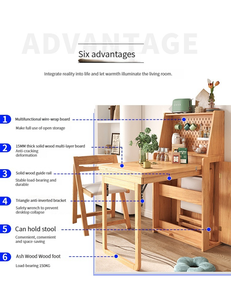 [Pre-order]  Japanese solid wood dining table, foldable household small unit, hole board, natural wood wind telescopic dining table, dining edge cabinet, integrated storage-Smart-Living
