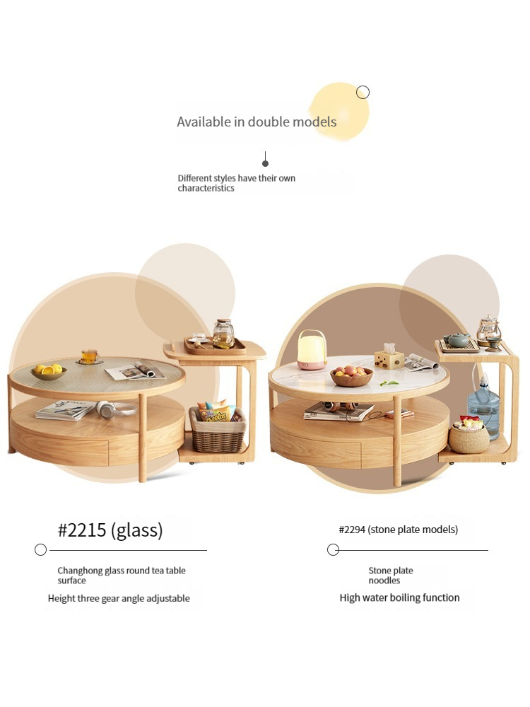 [Pre-order]  Japanese style log style tea table small unit living room light luxury solid wood double layer rainbow glass circular tea table edge table combination-Smart-Living