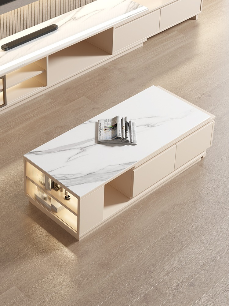 [Pre-order]  Cream Wind Rock Plate Tea Table Modern Light Luxury Living Room Household Small Unit Scalable Solid Wood Tea Table TV Cabinet Combination-Smart-Living