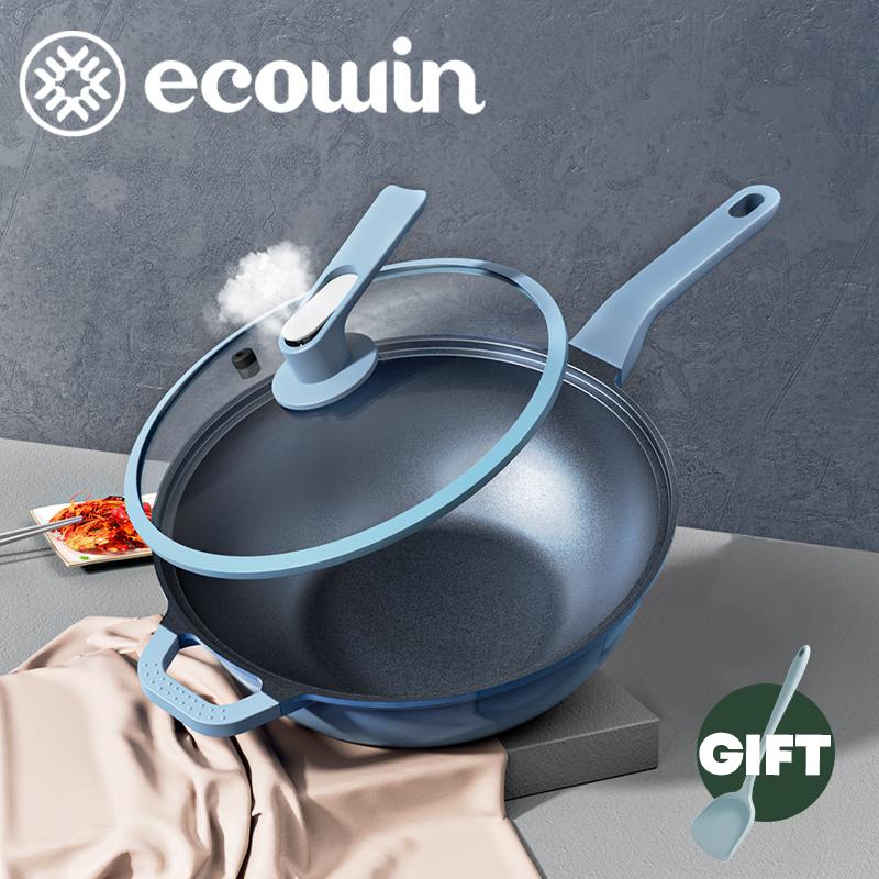 Ecowin Cookware Deep Wok 28/32CM Deep Sea  Mainfan Stone Coating Frying Pan Non-Stick with Lid Free of PFOA PTFE Suitable for All Stoves Gas Induction Pan Free Gift Frying pan and Wooden Spatula Famliy Daily Use-Smart-Living