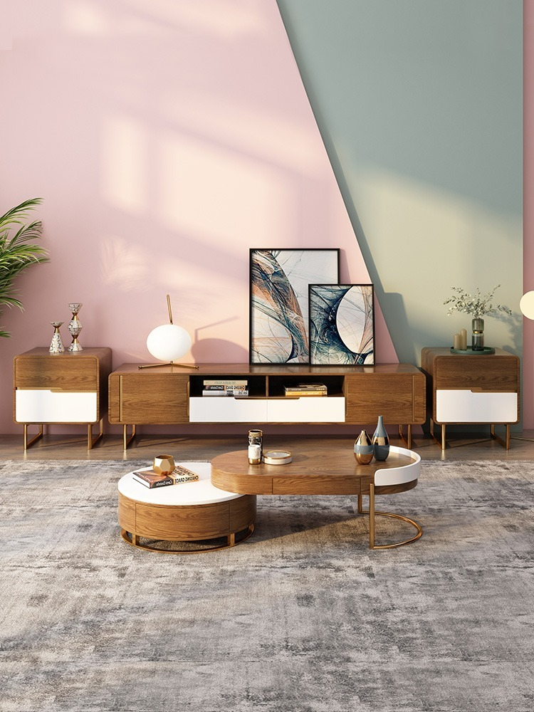 [Pre-order]  Nordic Light Luxury Tea Table, Living Room, Household TV Cabinet Combination, Modern and Simple Small Unit, Rock Plate Storage, Circular-Smart-Living