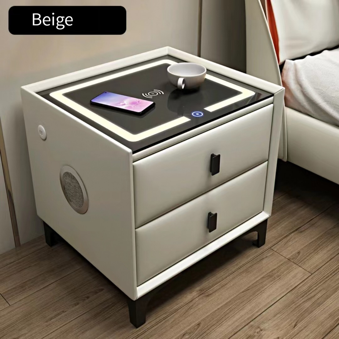 Intelligent bedside table wireless charging, modern minimalist leather intelligent bedside table fingerprint lock, Bluetooth with light, multifunctional-Smart-Living