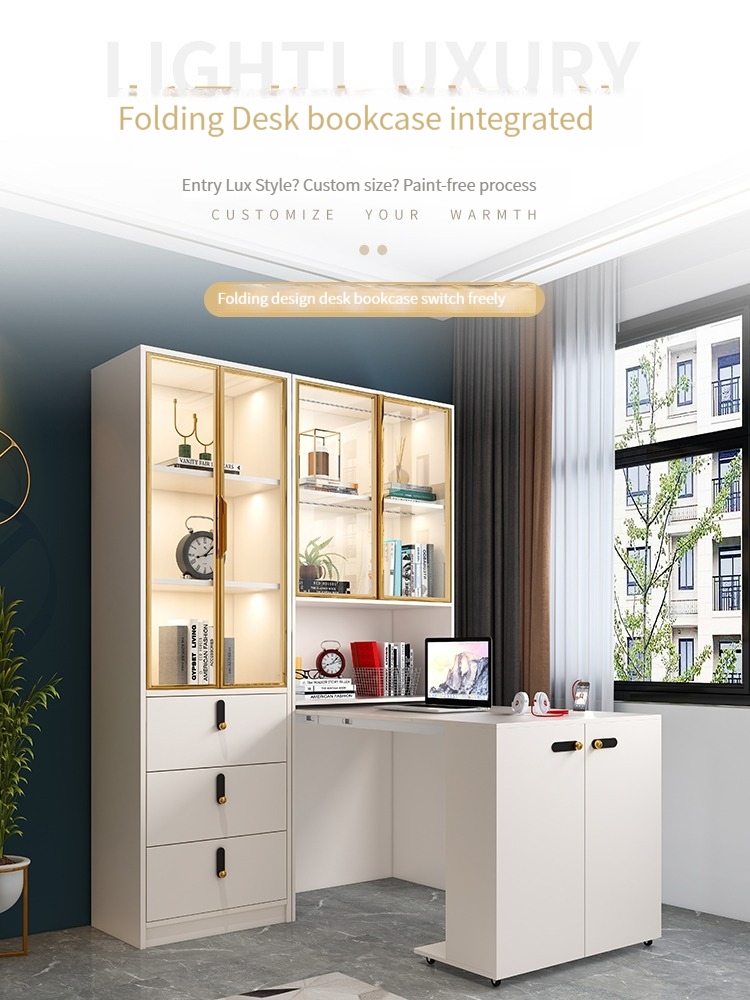【Showroom】Light luxury corner bookshelf with glass door, student study desk, bookshelf, integrated desk, bookshelf, bedroom, household use-Smart-Living