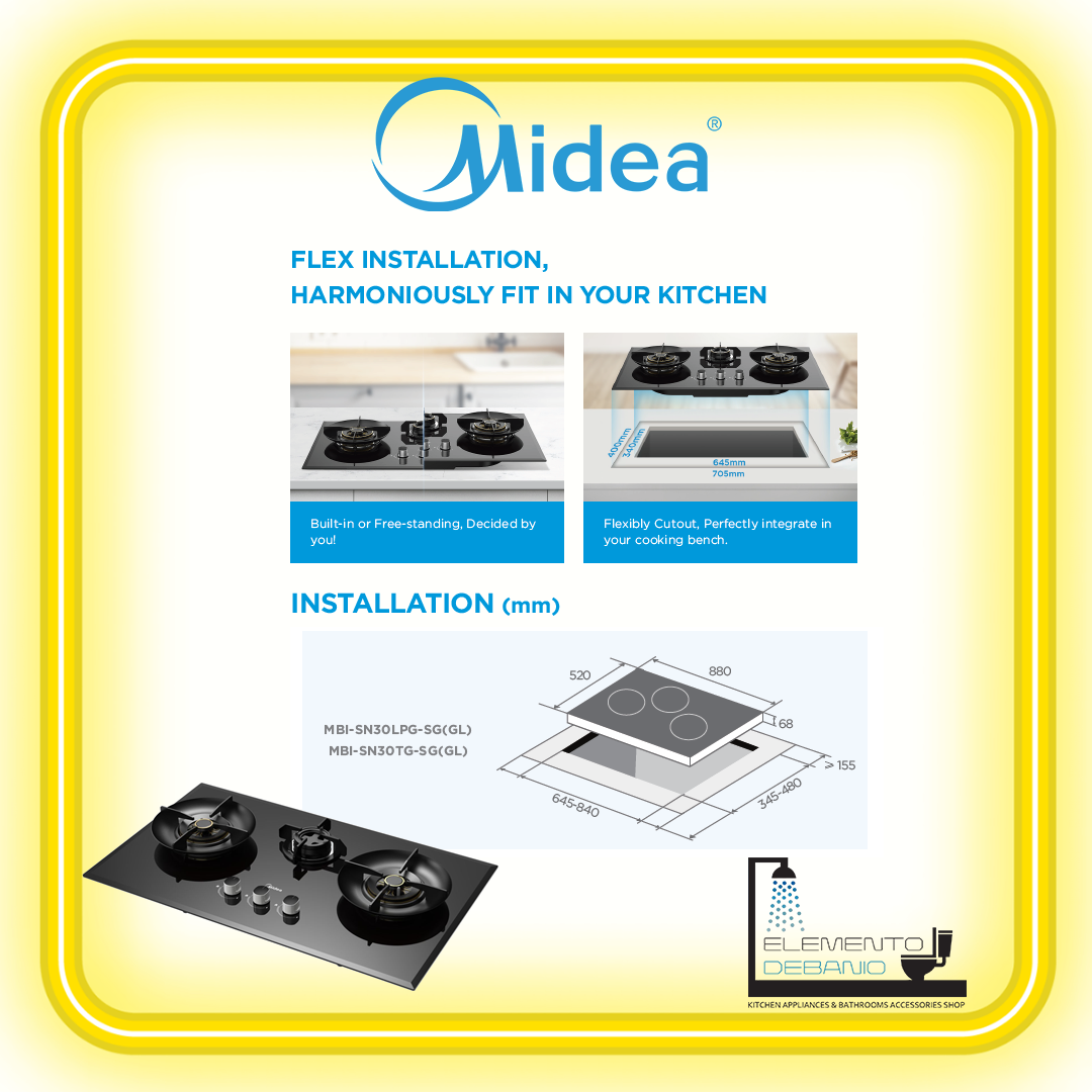 Midea 88CM Glass Gas Hob (3 Burners) MBI-SN30LPG-SG(GL)/MBI-SN30TG-SG(GL)-Smart-Living