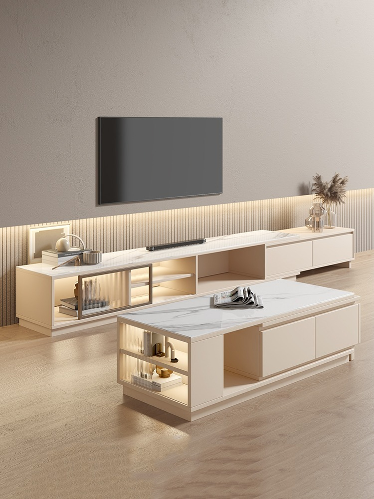 [Pre-order] Extendable Rock Slab Top Coffee Table and TV Cabinet Combination - with Drawers and Glass Door, in Cream Style-Smart-Living