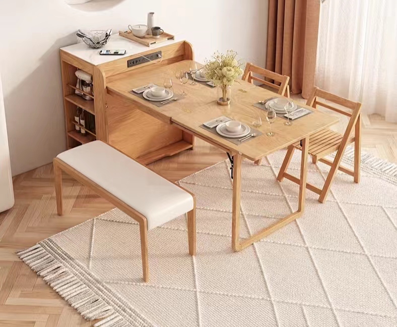 [Pre-order]  Japanese solid wood dining table, island table, integrated household small unit, expandable rock plate dining table, multifunctional folding storage bar-Smart-Living