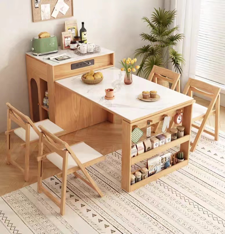 [Pre-order]  Japanese style rock plate island dining table with integrated and expandable small household kitchen bar storage cabinet-Smart-Living