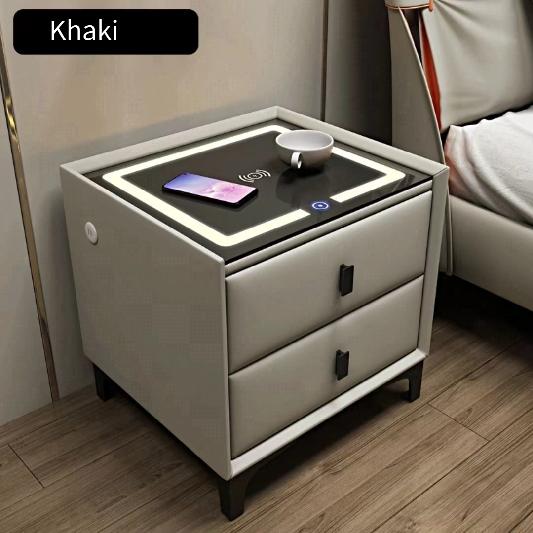 Intelligent bedside table wireless charging, modern minimalist leather intelligent bedside table fingerprint lock, Bluetooth with light, multifunctional-Smart-Living