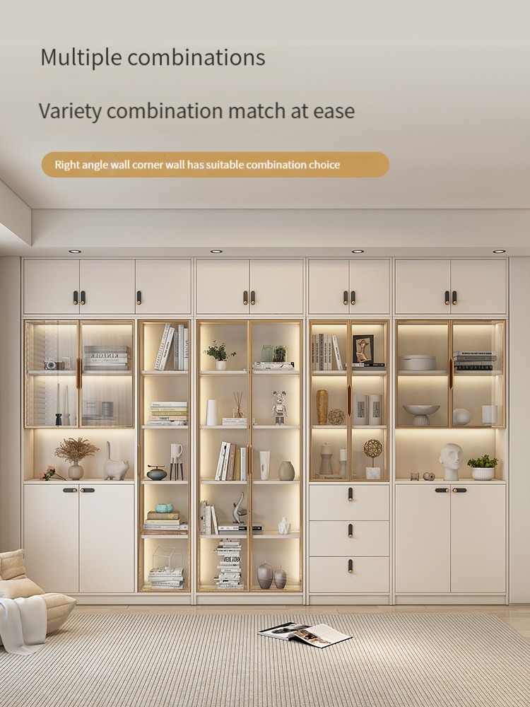Living room home bookshelf integrated whole wall to top dustproof glass door bookshelf light luxury high-grade floor-standing wall display cabinet-Smart-Living