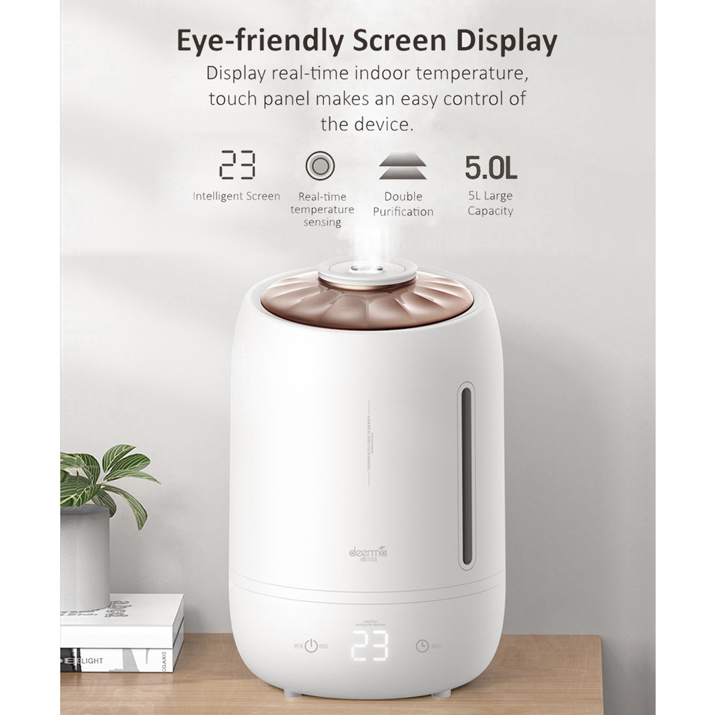Deerma F600 Ultrasonic Humidifier 5L Three Gear Touch Temperature Intelligent Mist Maker Timing Function, White-Smart-Living