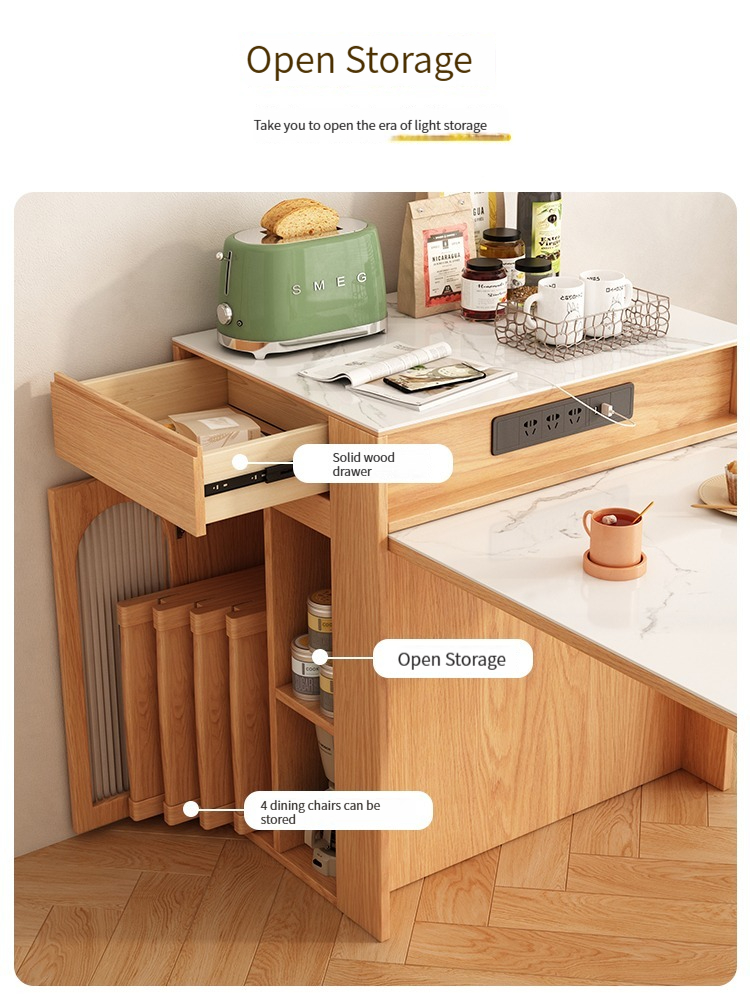 [Pre-order]  Japanese style rock plate island dining table with integrated and expandable small household kitchen bar storage cabinet-Smart-Living