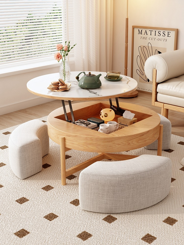 Nordic Light Luxury Rock Plate Elevating Tea Table and TV Cabinet Combination Modern Simple Living Room Creative Circular Storage Tea Table and Chair-Smart-Living