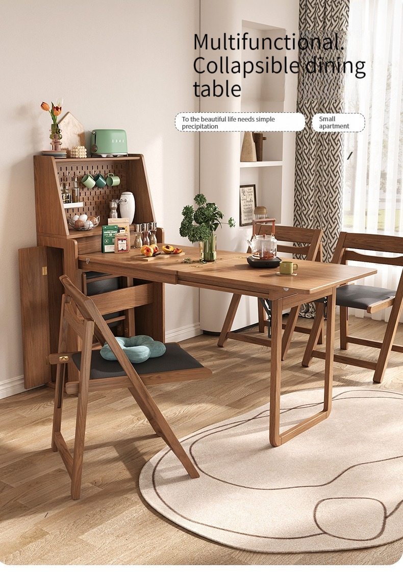 [Pre-order] Nordic solid wood small unit foldable dining table, dining edge cabinet, integrated telescopic household rectangular table, able to store food tables and chairs-Smart-Living