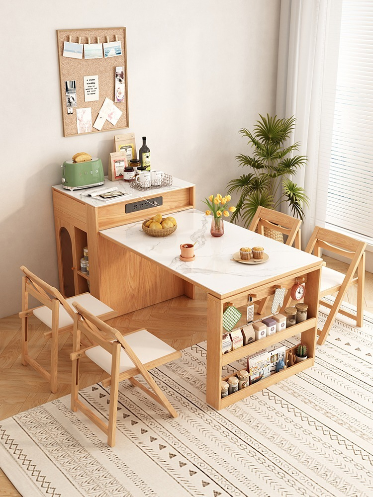 [Pre-order]  Japanese style rock plate island dining table with integrated and expandable small household kitchen bar storage cabinet-Smart-Living