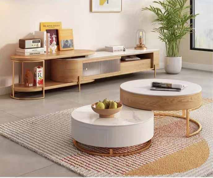 [Pre-order]  Nordic Rock Plate Tea Table and TV Cabinet Combination Modern and Simple Household Small Family Living Room Light Luxury Circular Elevated Storage-Smart-Living