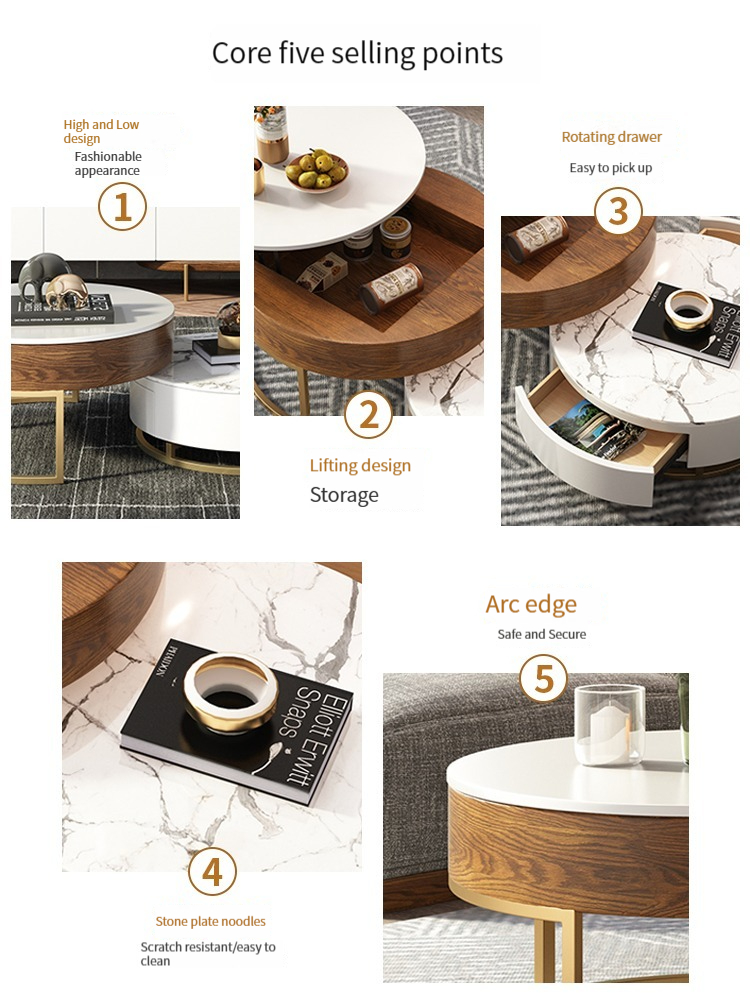 Light Luxury Elevated Tea Table TV Cabinet Combination Nordic Modern Simple Rock Plate Round Tea Table Small Family Living Room Furniture-Smart-Living