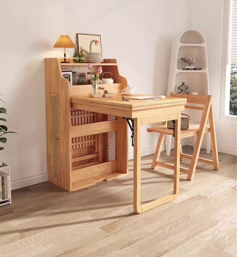 [Pre-order] Solid wood folding dining table, household small unit telescopic dining table, invisible storage, sideboard cabinet, modern simple and deformed table-Smart-Living