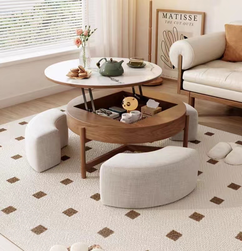 Nordic Light Luxury Rock Plate Elevating Tea Table and TV Cabinet Combination Modern Simple Living Room Creative Circular Storage Tea Table and Chair-Smart-Living