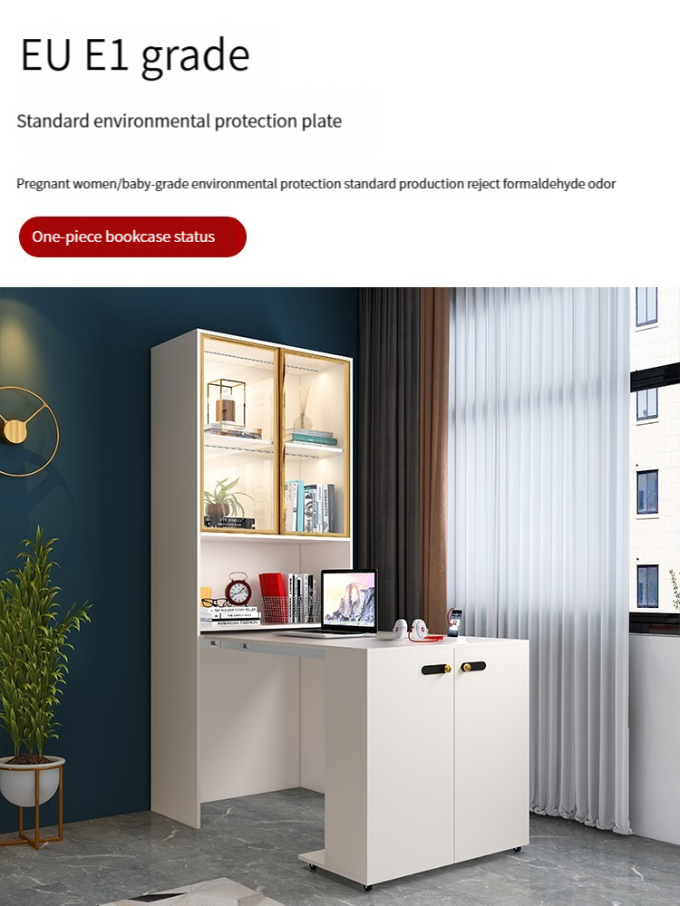 【Showroom】Light luxury corner bookshelf with glass door, student study desk, bookshelf, integrated desk, bookshelf, bedroom, household use-Smart-Living