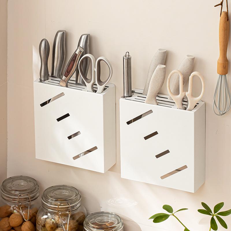 Smart-living Nachuan white wall-mounted knife holder kitchen multifunctional shelf concealed hole-free scissors knife holder-A0634-Smart-Living