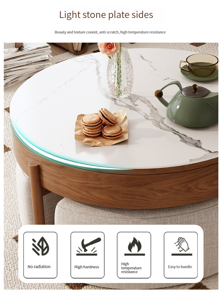 Nordic Light Luxury Rock Plate Elevating Tea Table and TV Cabinet Combination Modern Simple Living Room Creative Circular Storage Tea Table and Chair-Smart-Living