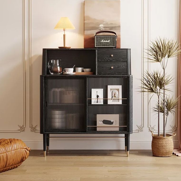 Nordic sideboard, modern and minimalist dining room, living room, boxwood color, wall facing, light luxury storage cabinet, glass door storage cabinet-Smart-Living