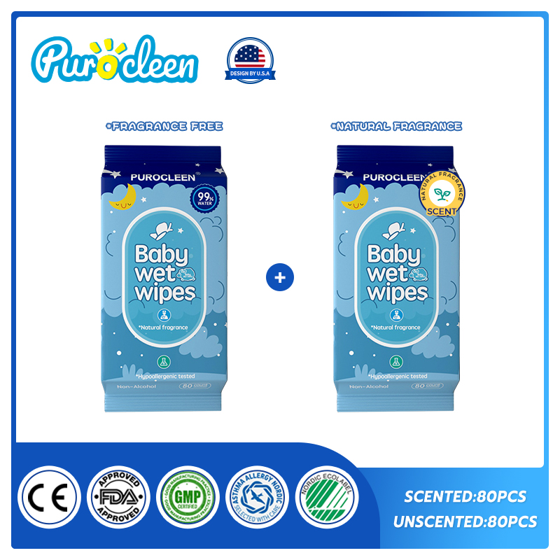 PUROCLEEN Unscent /Scent Combo 99.9% Pure Water Baby Wipes 80’s（2 PACKS）