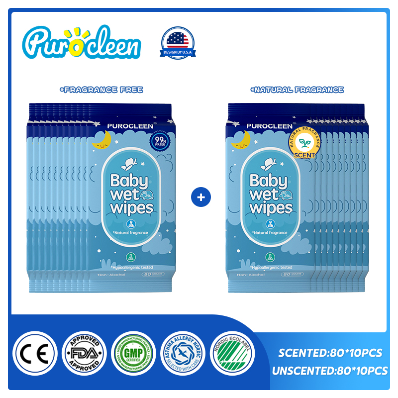 PUROCLEEN Unscent /Scent Combo 99.9% Pure Water Baby Wipes 80’s（10 PACKS）