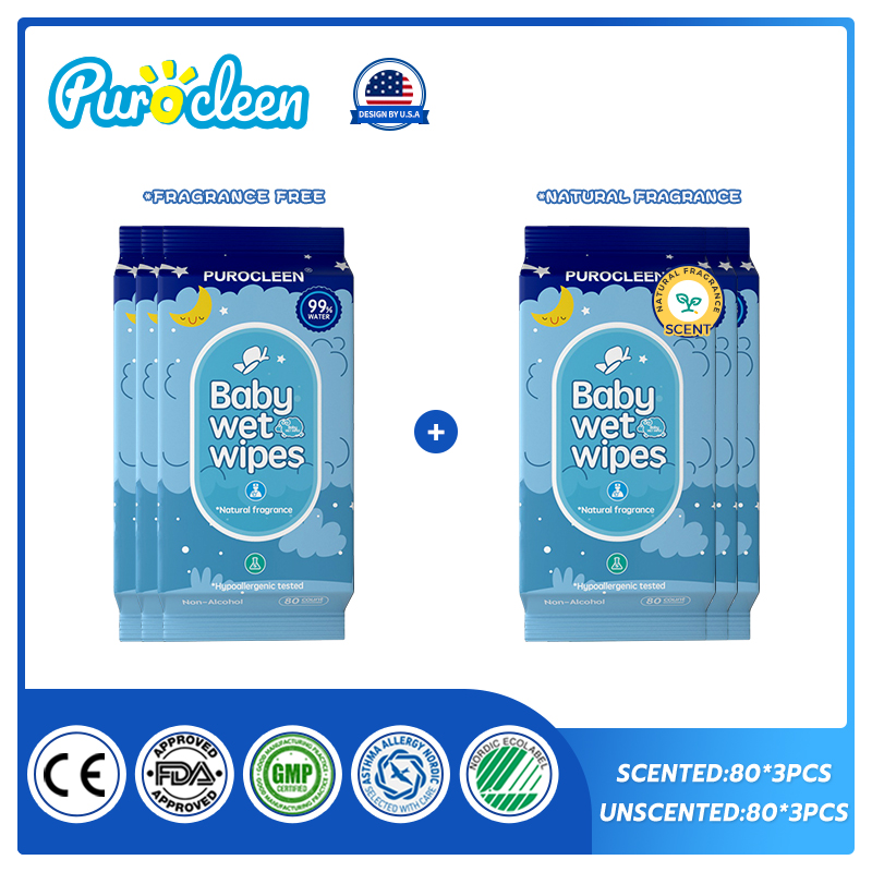 PUROCLEEN Unscent /Scent Combo 99.9% Pure Water Baby Wipes 80’s（6PACKS）