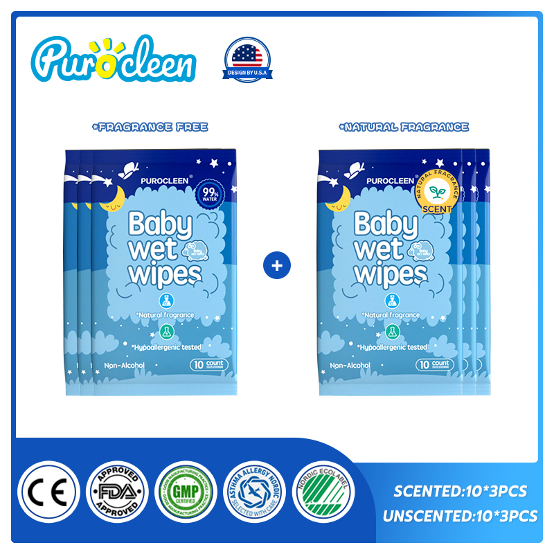 PUROCLEEN Unscent /Scent Combo 99.9% Pure Water Baby Wipes 10’s（6 PACKS）