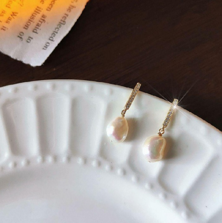 Elegant Baroque Freshwater Pearl Set with Micro Paved Zircons on 925 Sterling Silver Earring Post