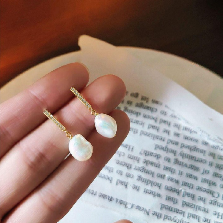 Elegant Baroque Freshwater Pearl Set with Micro Paved Zircons on 925 Sterling Silver Earring Post