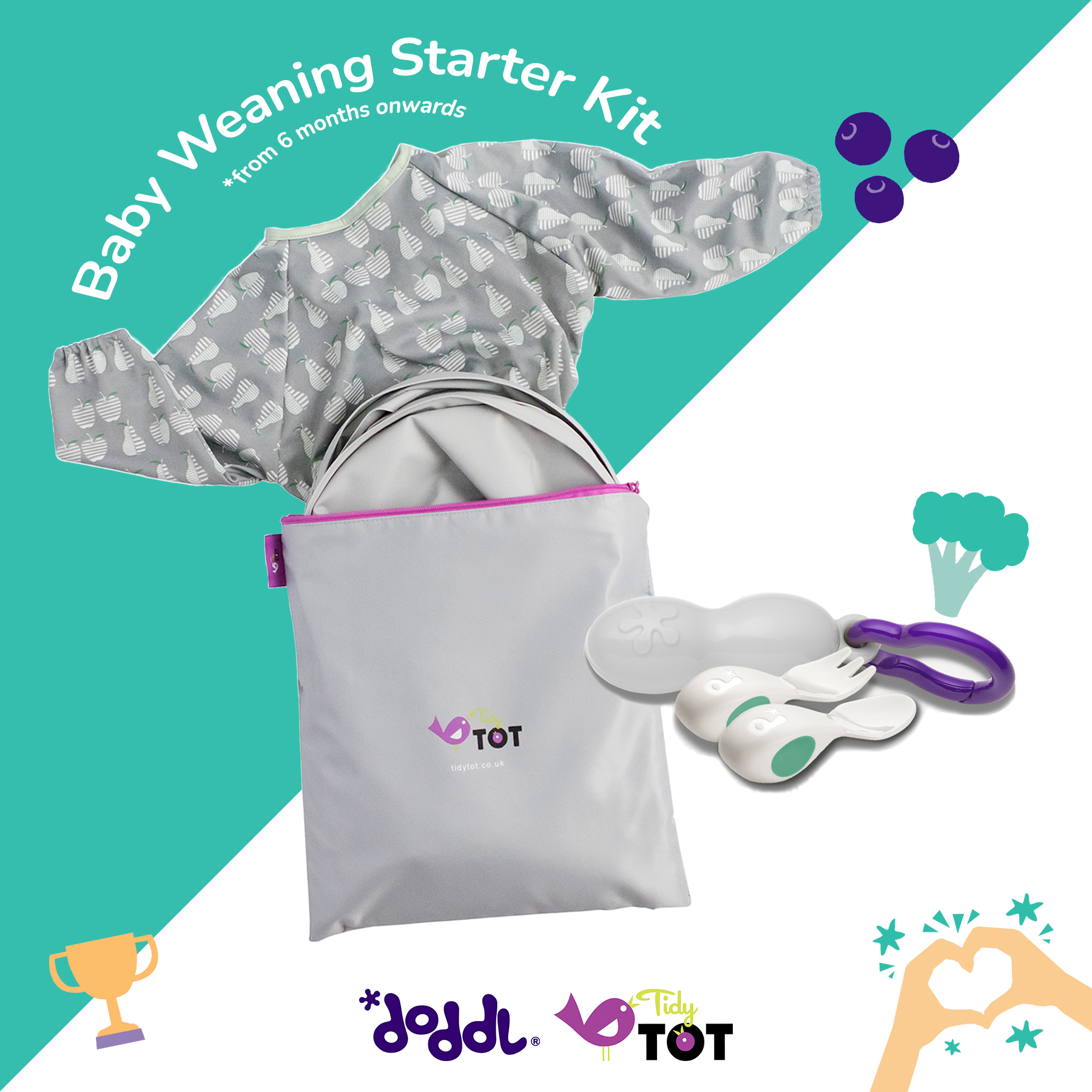Baby Weaning Starter Kit - Tidy Tot Bib & Tray Kit, doddl Baby Cutlery Set & Case