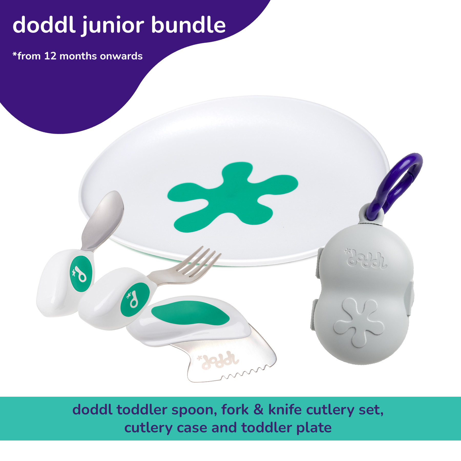 Doddl Junior Bundle: Toddler Spoon, Fork & Knife, Cutlery Case with Plate