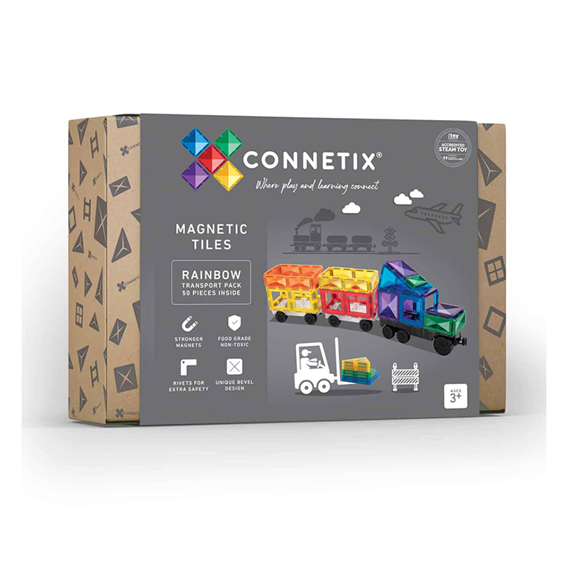 Connetix Magnetic Tiles 50 piece Rainbow Transport Pack for Open Ended Play