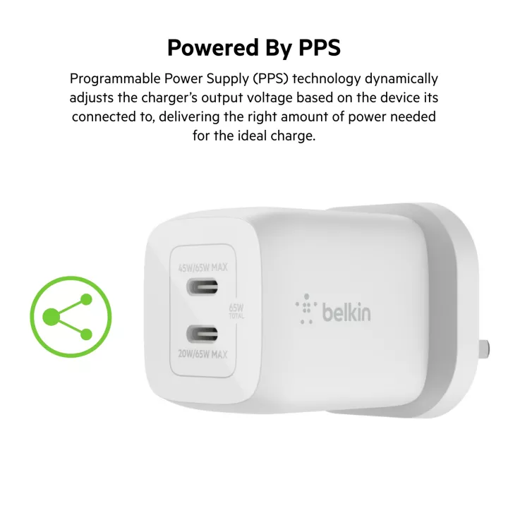 Belkin BoostCharge PRO Dual USB-C® GaN Wall Charger with PPS 65W (iPhone, Samsung, Android phones, laptop, macbook)