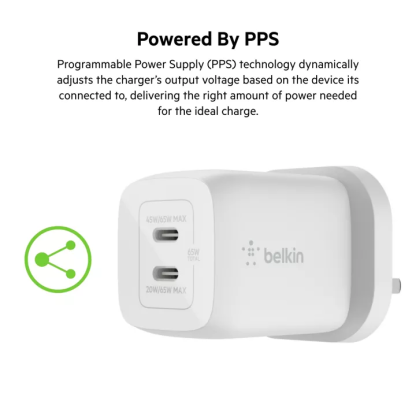 Belkin BoostCharge PRO Dual USB-C® GaN Wall Charger with PPS 65W (iPhone, Samsung, Android phones, laptop, macbook)