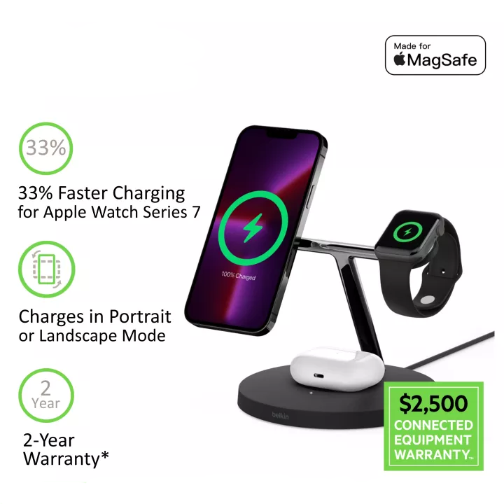 Belkin BoostCharge PRO 3-in-1 Wireless Charger with MagSafe 15W and Power Adapter (iPhone 14/13/12)