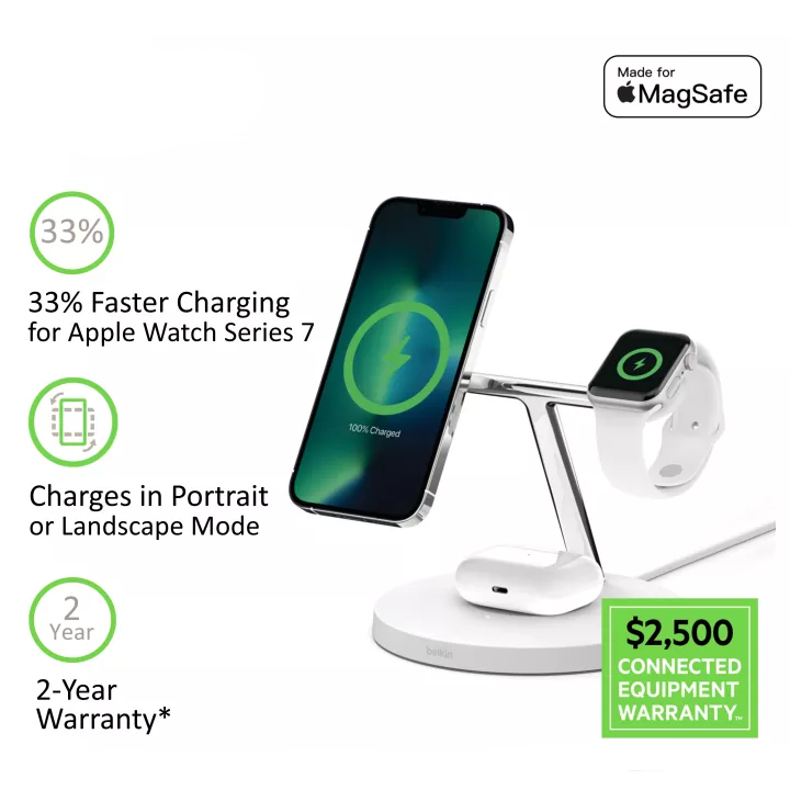 Belkin BoostCharge PRO 3-in-1 Wireless Charger with MagSafe 15W and Power Adapter (iPhone 14/13/12)